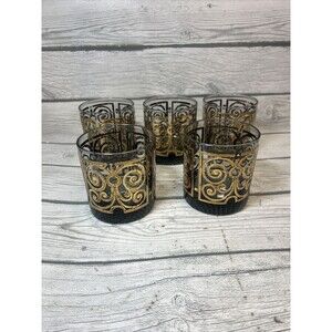MCM Baroque Ebony Smoky Black Gold Old Fashioned High Ball 3.5" Glasses set of 5